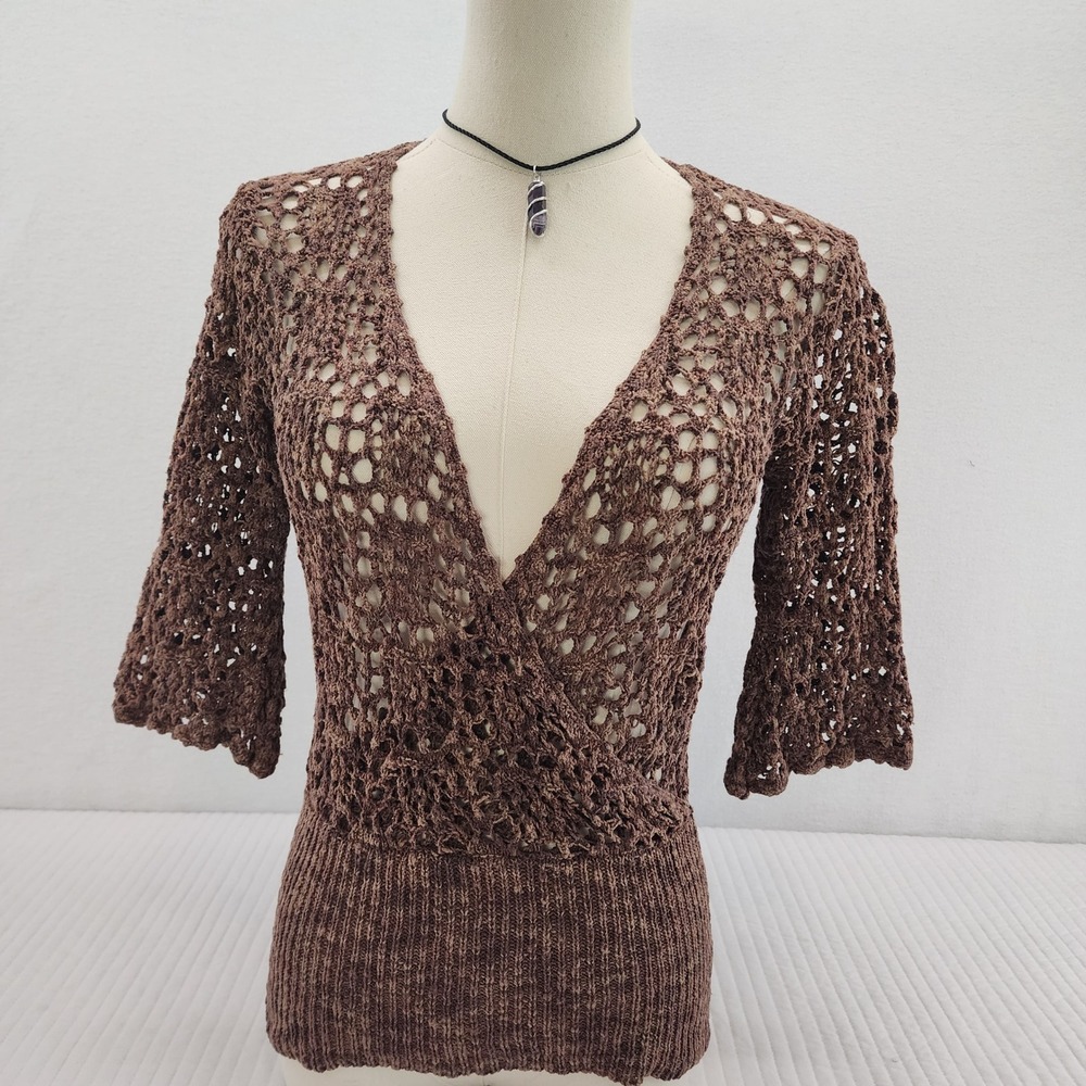 Openwork Brown V-Neck Crochet Knit Top